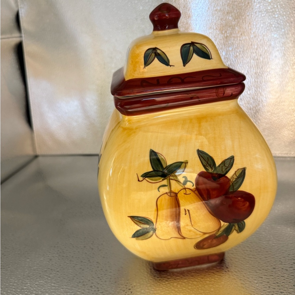 Yellow Ceramic Jar with Fruit Design